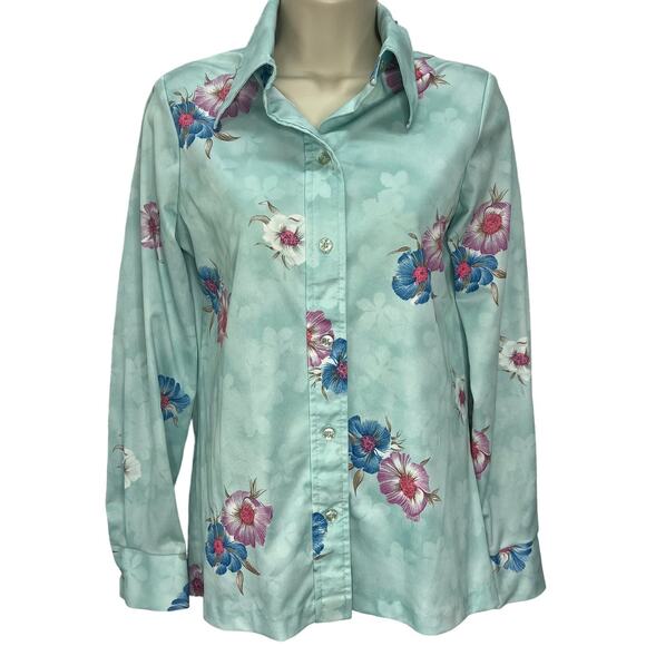 Vintage Nikki Button Down Blouse Teal Floral 70s Size M Long Sleeve Disco - Picture 1 of 8